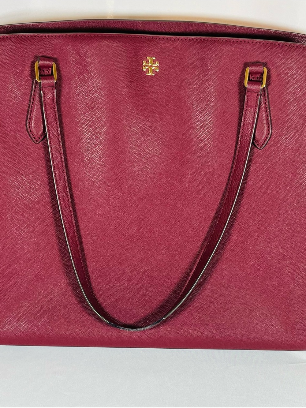 Tory Burch Wine Saffiano Leather Laptop Tote with Gold Hardware